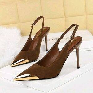 Elegant Brown Slingback Heels with Gold Accents